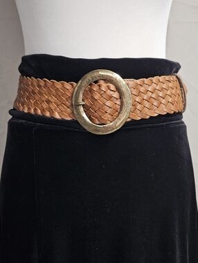 Chico's Macarthy Saddle Brown Woven Leather Oversized Gold Tone Buckle  Y2K Belt